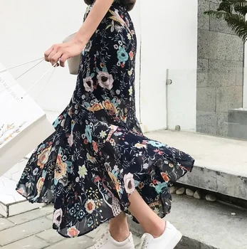 

vintage skirts women 2018 spring summer style korean vestido long fishtail high waist chiffon floral falbala skirts female A4777