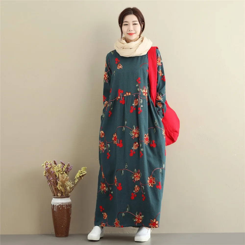 Herfst Winter Vrouwen Katoen linnen Maxi Jurken Vintage Lange Mouwen borduren Bloemen Grote Plus Size Hoge taille Jurk Herfst Winter Vrouwen Katoen linnen Maxi Jurken Vintage Lange Mouwen borduren Bloemen Grote Plus Size Hoge taille Jurk