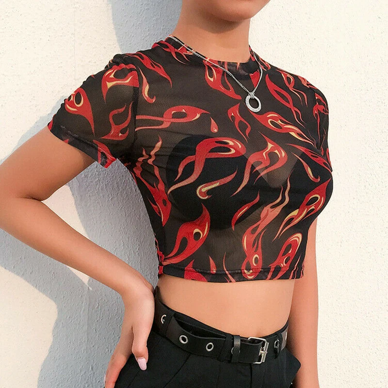 Women Sheer Mesh Crop Top Sexy Ladies 