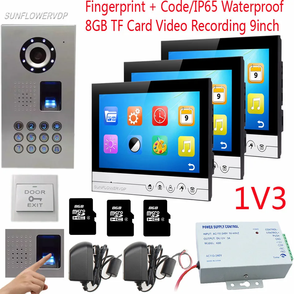 

Home Phones 8GB TF Card Recording 9" Video Interphone IP65 Waterproof Video Intercom Fingerprint Code Video Phone For 3 Villas
