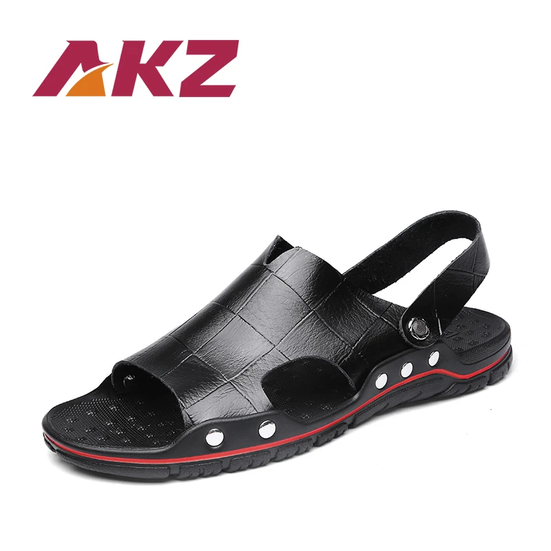 

AKZ Men's sandals Summer Beach flip flops Genuine leather Breathable Comfortable Shoes Light Male Flat shoes Outdoor Slippers