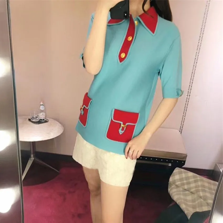 Летние женские трикотажные топы с коротким рукавом Футболка для подиума Harajuku Kawaii рубашка корейская мода футболка с карманами футболка Femme