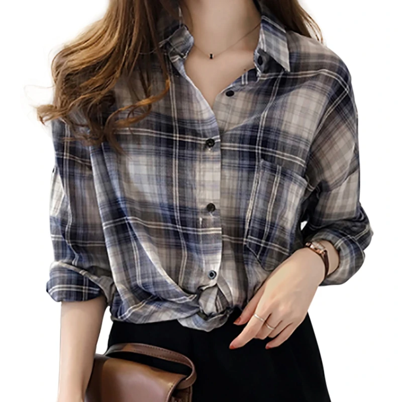 

Women Casual Long Sleeve Plaid Blouse All-match blusas mujer de moda Summer Loose Lightweight Button-up Blouse Women Clothing