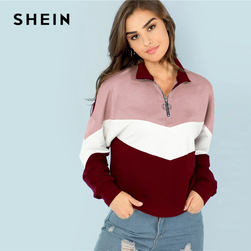 SHEIN متعدد الألوان عارضة Colorblock O-حلقة البريدي الجبهة قص وخياطة الوقوف طوق البلوز 2018 الخريف حرم النساء بلوزات