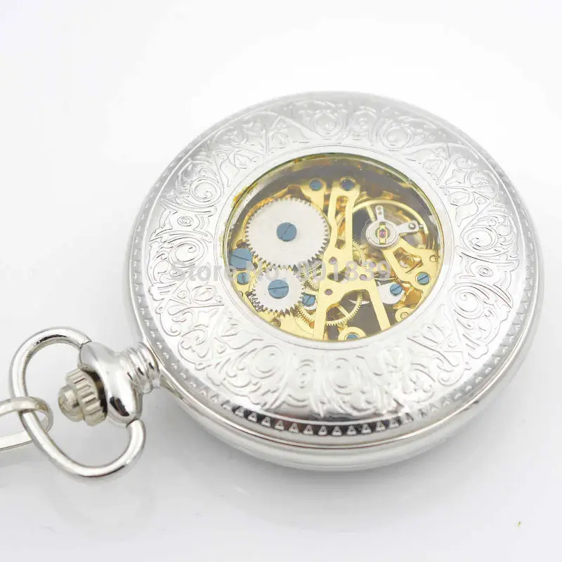 Ретро Серебряный тон зеленая точка полый корпус Механические карманные часы с цепочкой для мужчин и женщин часы подарок белый циферблат