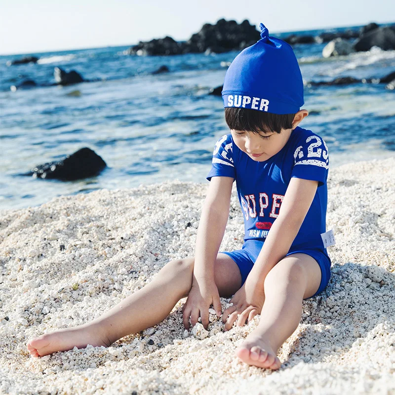 Summer Letter Printed Striped Boys Swimsuit Children Sets With Hat For 75-125cm