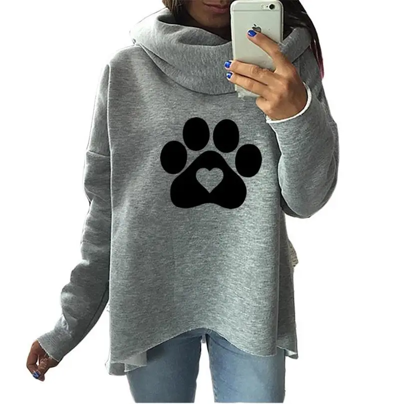 Turtleneck Hoodies For Women Cat Dog Paw Heart Animal Print Hoodies Kawaii Tops Women Loose Pattern Girls Print And Sweatshirts