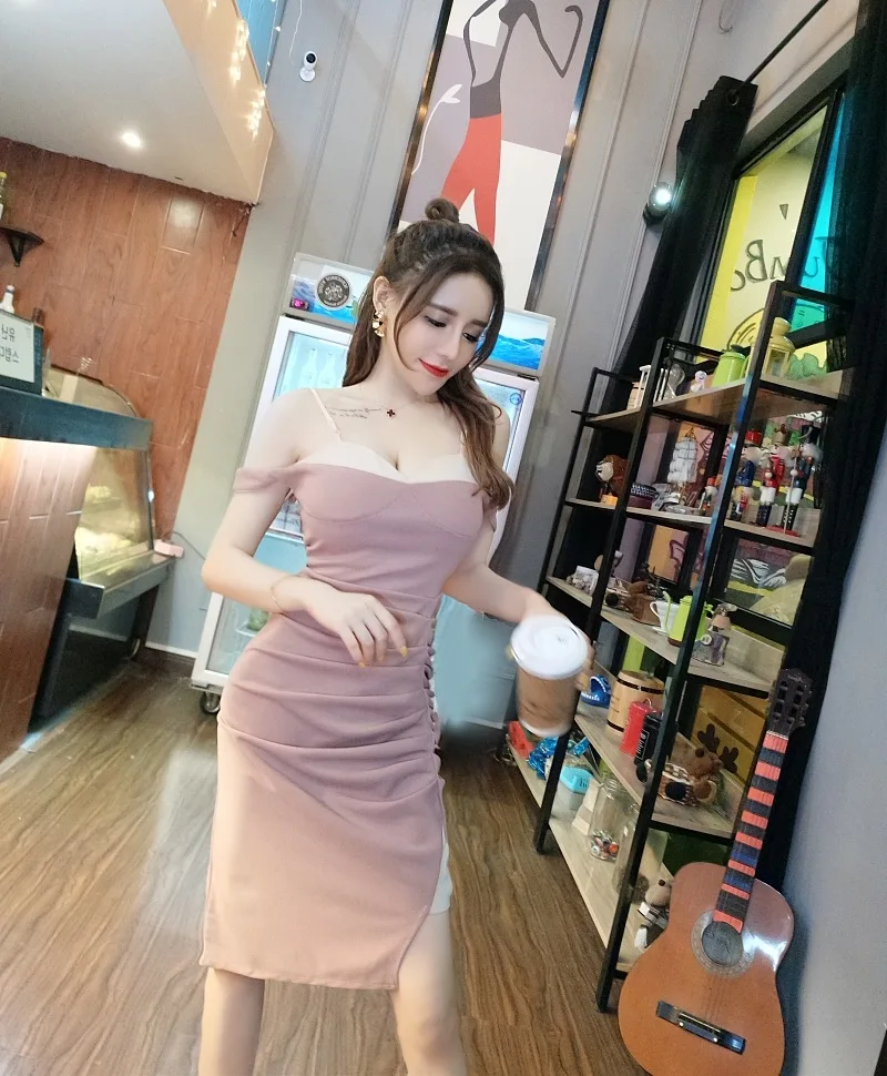 2018 New Arrivals Summer Women sexy Brassiere  strapless  A word collar  fold  Forking Paty  Dress Free Shipping