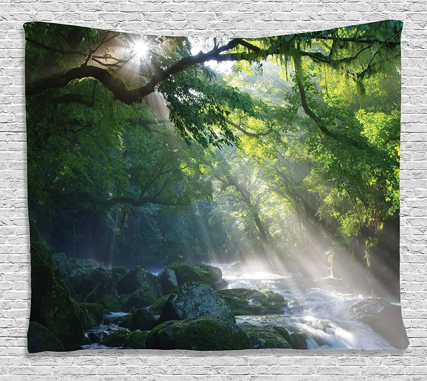

Rainforest Tapestry Wall Hanging Stream in the Jungle Stones under Shadows of Trees Sunlight Mother Earth Dorm Decor