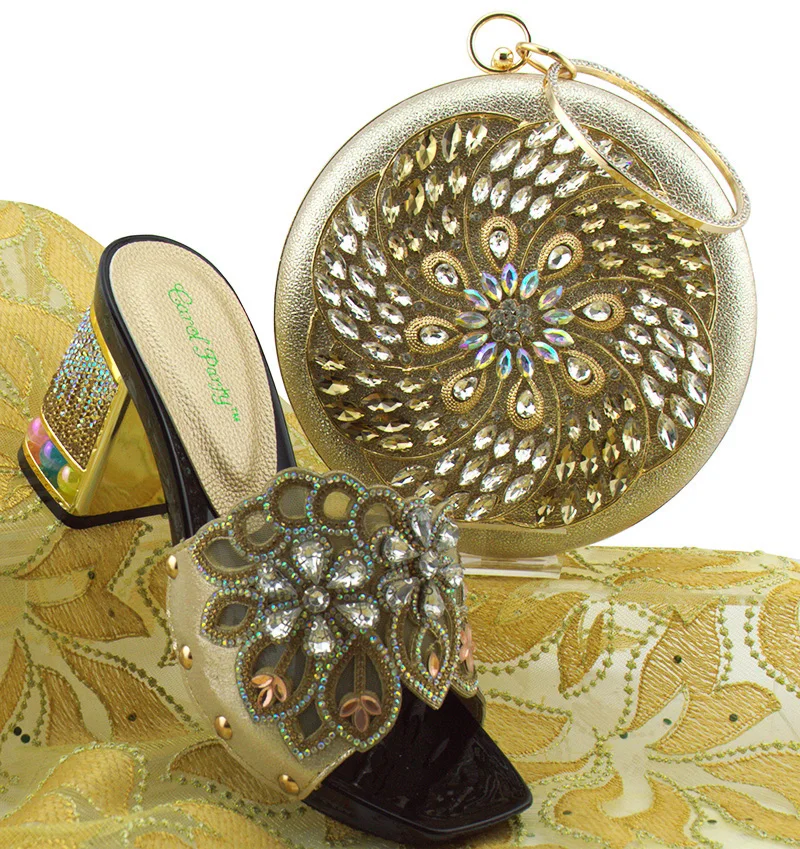 

2018 shoes and bag set matching in gold color for african aso ebi wedding party newest gold shoes and bag set size38-42 SB8161-6