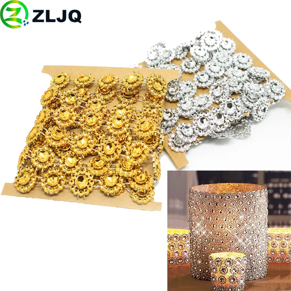 

ZLJQ 2yards/roll Clear Crystal Gold Silver Base Cup Rhinestone Chain Apparel Sewing Style DIY Beauty Accessories Party Decor 7J