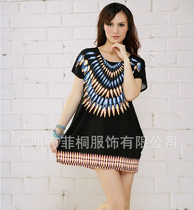 2013 New Arrival Women's Fall oversized national wind feather printed stretch cotton dress Crystal Hemp | Женская одежда