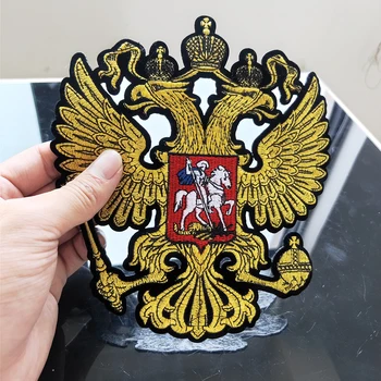 

Russia Double headed Eagle National Emblem Full Embroidered Badge Patch Iron on Patches for Clothing Military Patch Embellished