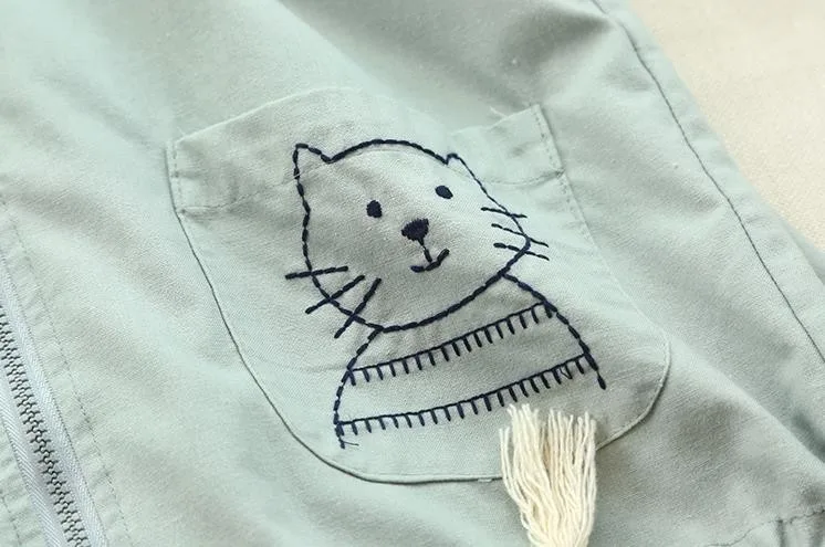 Горячая Распродажа Новая мода Японский кот вышивка карман куртки милые Mori девушки студентов с длинным рукавом шнурок подол с капюшоном пальто