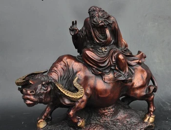 

11"china Ancient bronze gilt Politician Laozi Lao Tzu ride ox bull Bovine statue