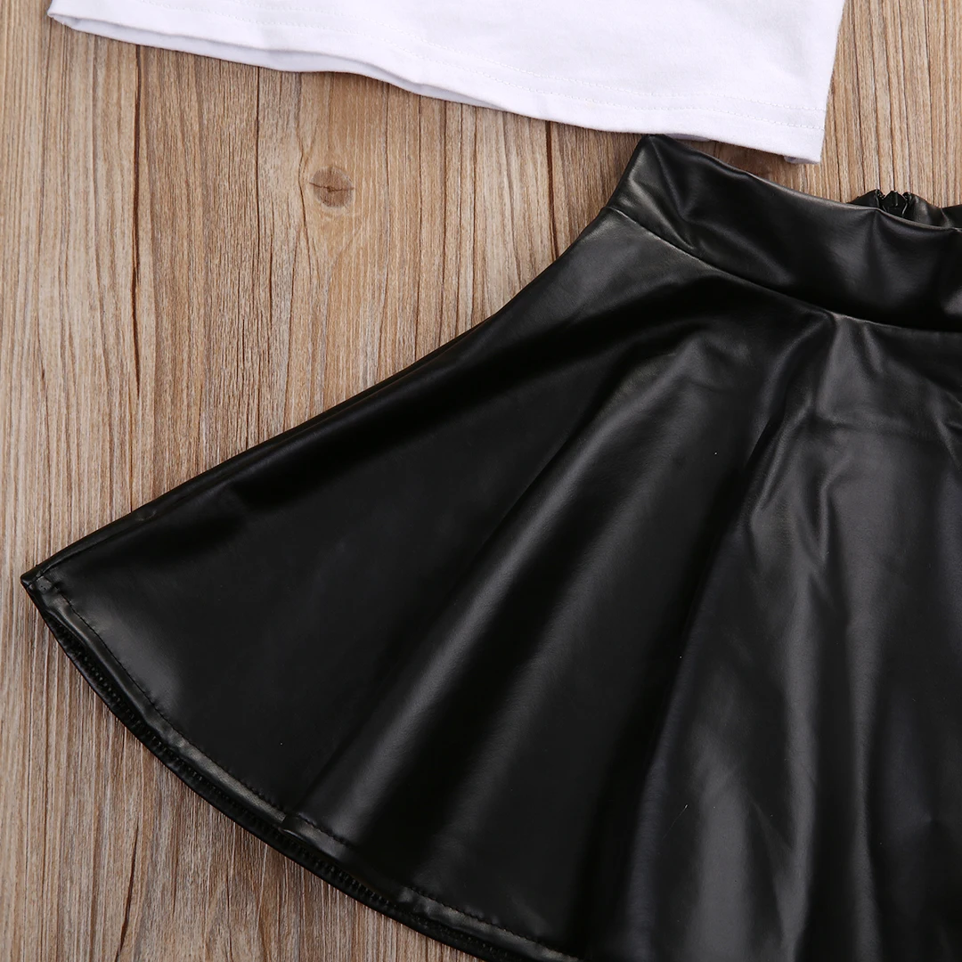 2 шт. футболка с коротким рукавом и кожаная юбка для девочек|child suit|leather skirt outfitkids