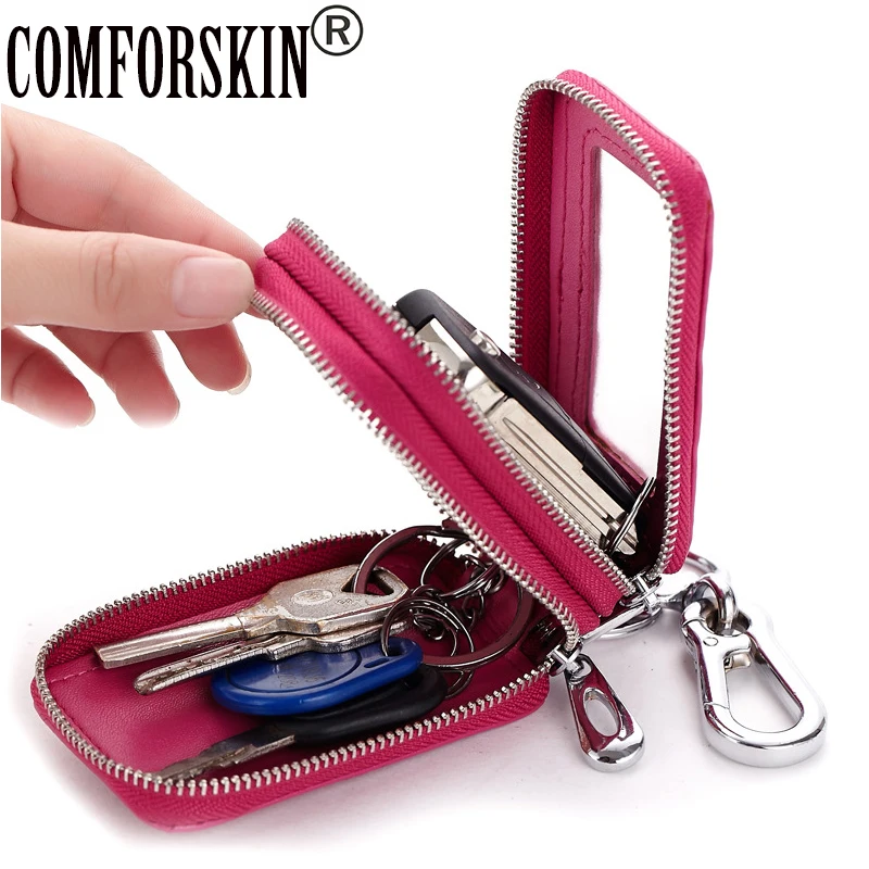 

COMFORSKIN Brand Genuine Leather Crocodile Pattern Double Layer Key Case Unisex Multinational Key Keepers With Card Key Holder