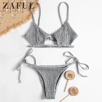 

ZAFUL Bikini Bralette Smocked String Bikini Swimwear Drawstring Spaghetti Straps Low Waisted Swim Suit Bra Grey Bathing Suit