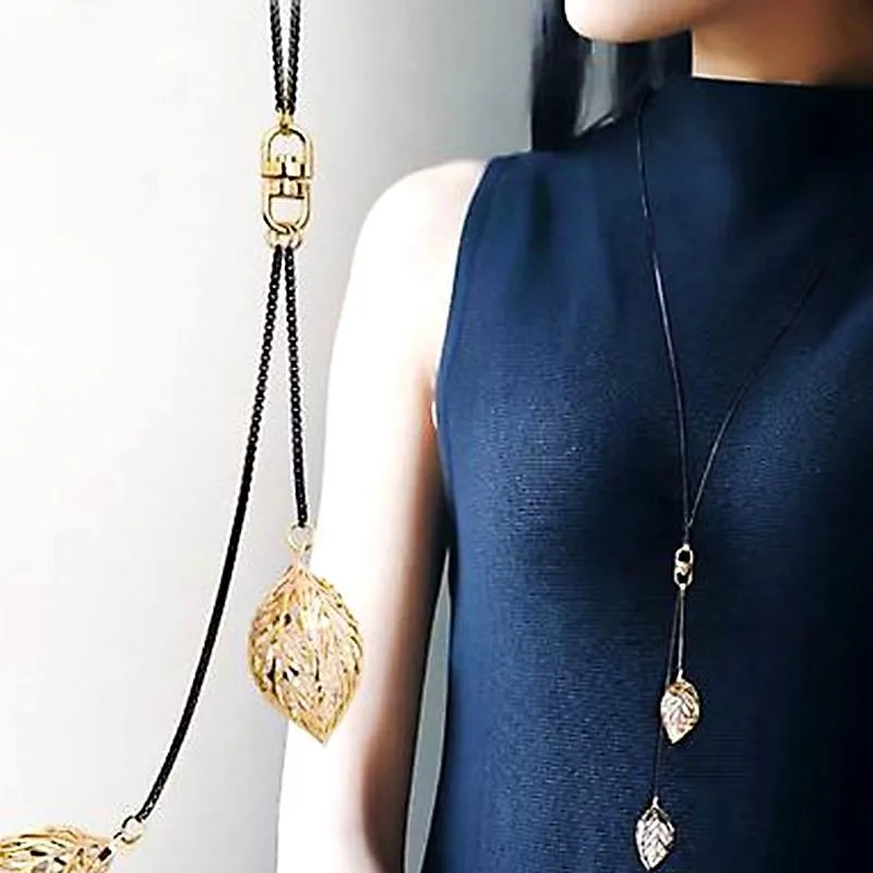 Классическое длинное ожерелье с кисточками в виде листьев для женщин, новое модное ювелирное изделие, черная цепочка, ожерелье и подвески