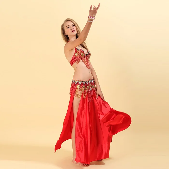 Сексуальный танец живота костюм бюстгальтер+ пояс 2 шт./компл. высокое качество ручной работы из бисера Для женщин Женская Одежда для танцев костюмы для восточных танцев DN2002 - Цвет: Красный