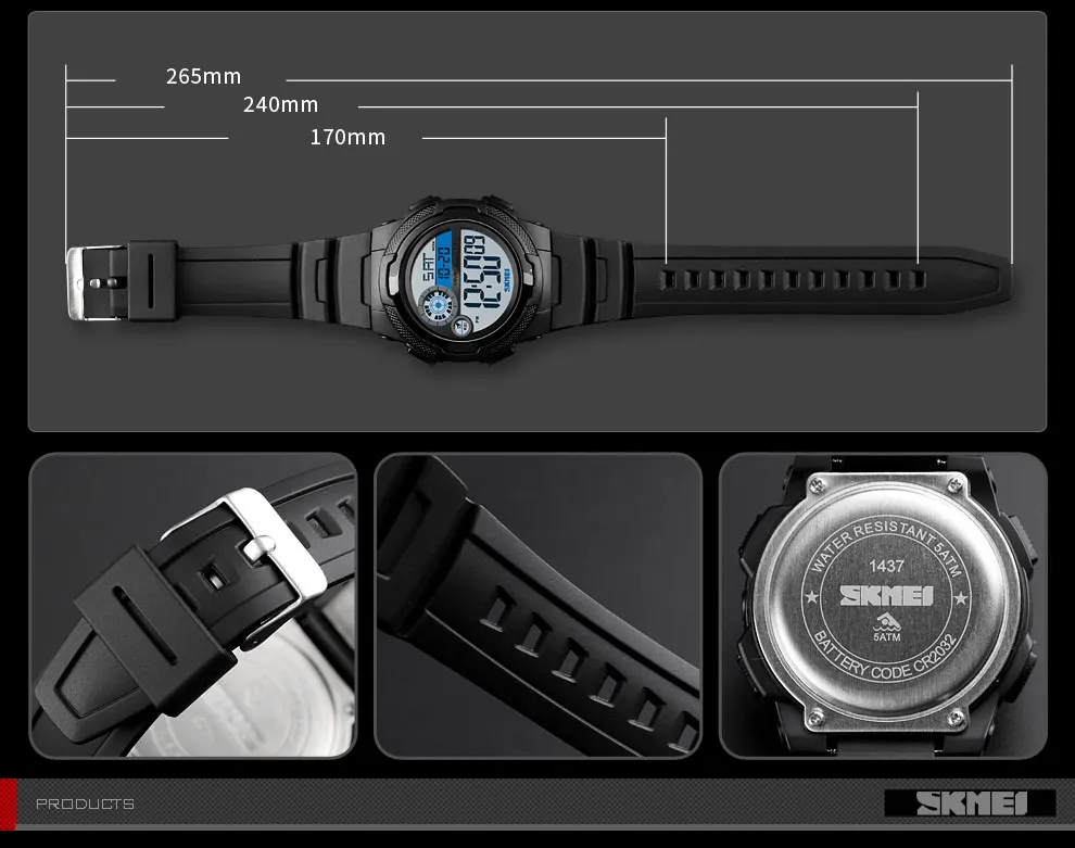 SKMEI спортивные часы мужские секундомер 5 бар водонепроницаемые наручные часы PU браслет будильник цифровые часы erkek kol saati man 1437