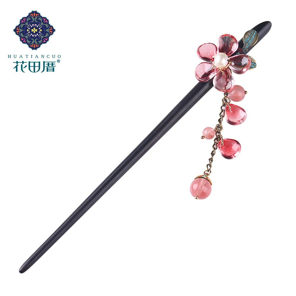 Ethnic Tassel Handmade Hair Sticks Black And Ebony Alloy Leaves Red Colored Glass Petal Pink Stone Female Accessories FZ-18007 | Украшения