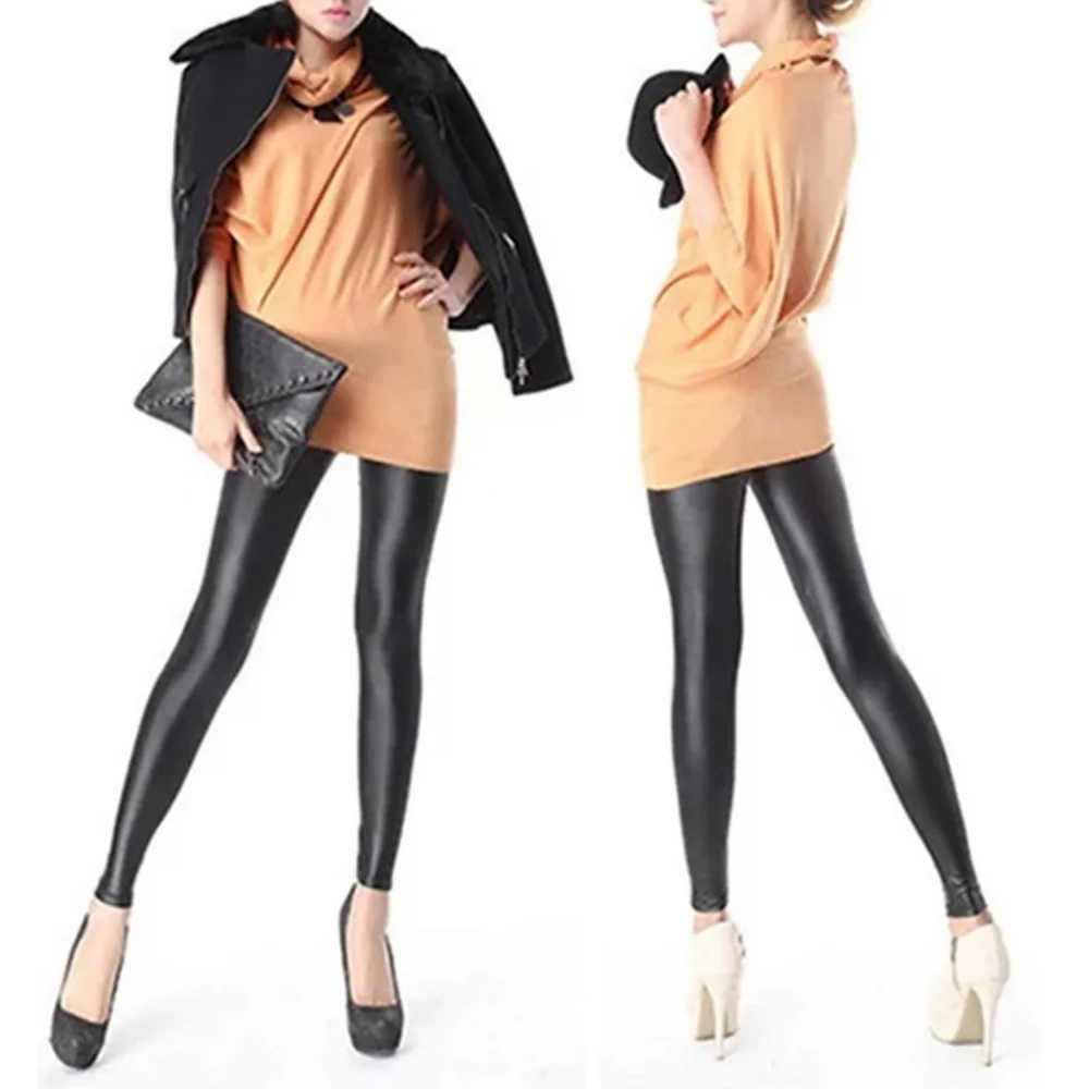 Женские сексуальные черные леггинсы из искусственной кожи, модные обтягивающие брюки-карандаш для девочек - Цвет: Черный