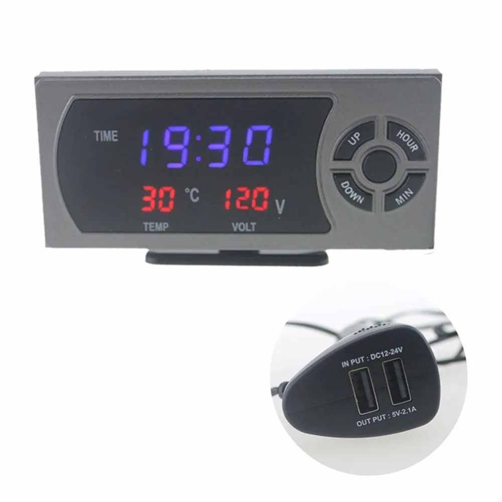 Double USB Port Automobile LED Electronic Clock Timer with Thermometers Temperature Gauge with Voltmeter Voltage Meter