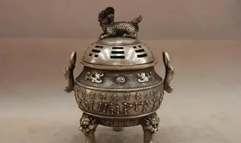 

China White Copper Silver Buddhism Kirin Unicorn kylin Incense Burner Censer