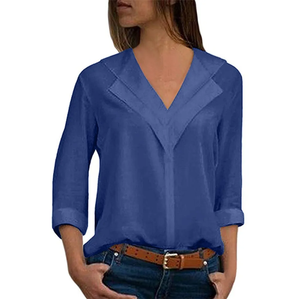 30# модная женская шифоновая Удобная Офисная Женская однотонная Свободная рубашка с отворачивающимися рукавами большого размера, топ, уникальная женская рубашка - Цвет: Blue