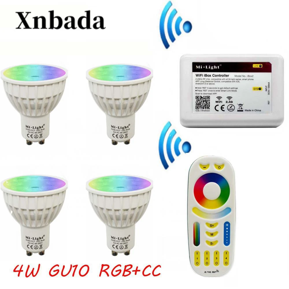MiLight Gu10 4 W светодиодные лампы RGB + CCT + пульт + IBX2 РФ дистанционного Светодиодная лампа Wi-Fi светодиодный осветительный прожектор свет AC85-265V