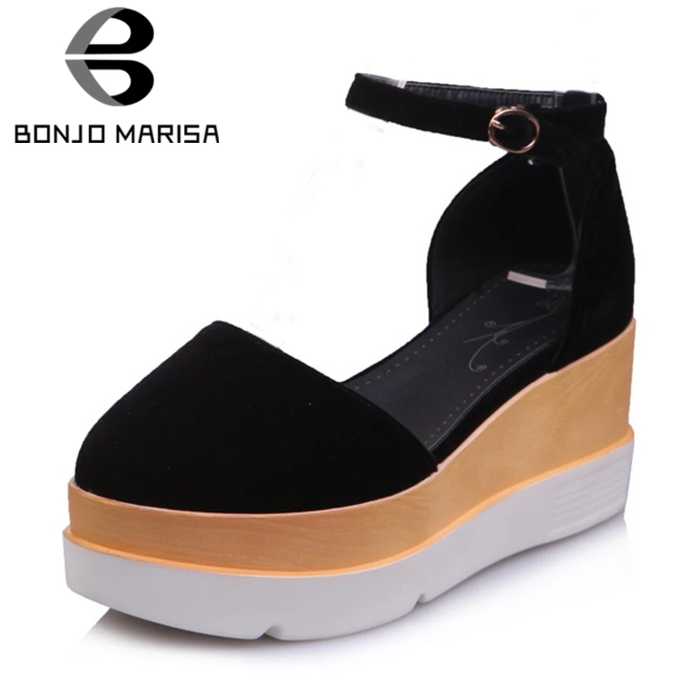 

BONJOMARISA Brand Design Big Size 32-43 Flat Platform Ankle Strap Shoes Woman Casual Party Retro Summer Sandals Black Red