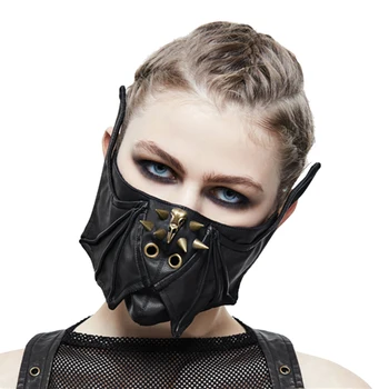 

Steampunk Black Leather Mask Women Men Mortorcycle Rivet Face Mask Wings Design Adjustable Winter Cycling Mask