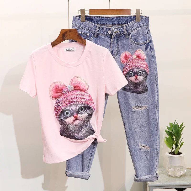 ALPHALMODA весна 2019 Милая футболка с коротким рукавом расшитая бисером и блестками