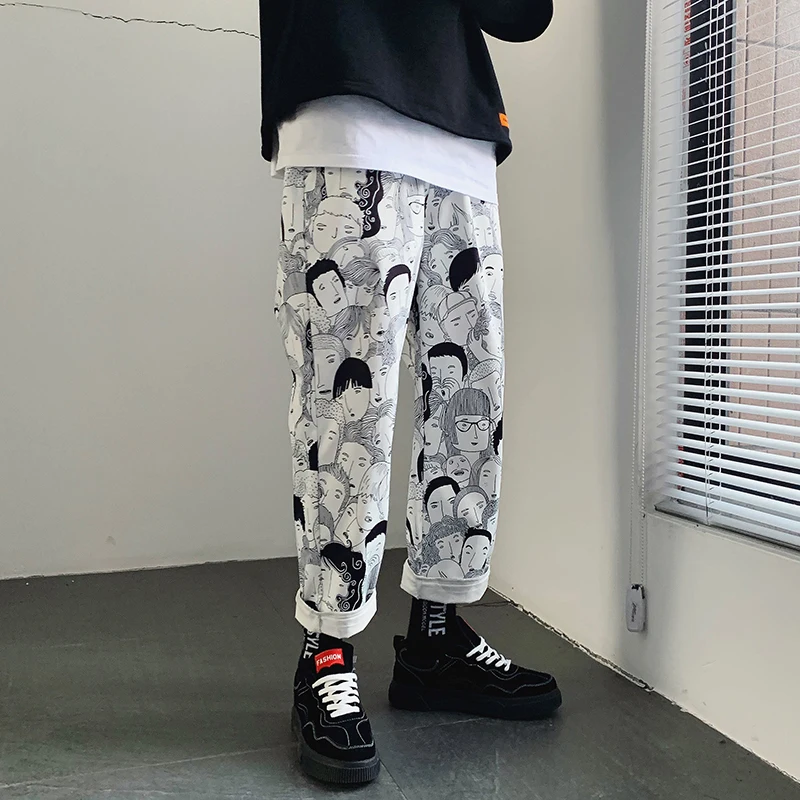 2019 Discount Only Today Cargo Pants For Men White Printed Cartoon Harajuku Japanese Fashion Summer Male Cargo Pants