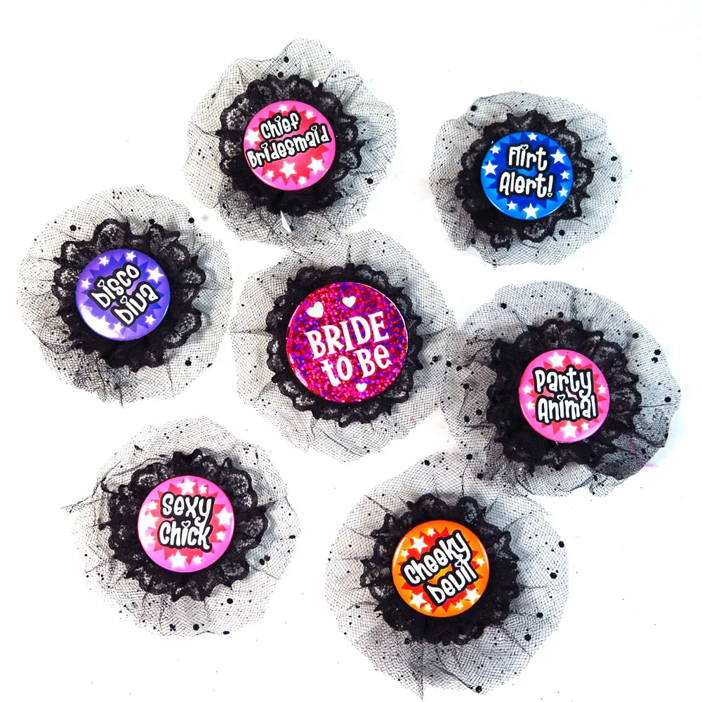 

7pcs a set round Felt Button Bride to be Badge and 6 retro small pins black lace decoration bridal shower wedding party favor