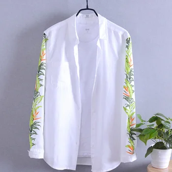 

Men Spring And Autumn Fashion Brand Japan Style Vintage Simple Cotton Linen Leaves Print Long Sleeve Shirt Male Casual Shirts