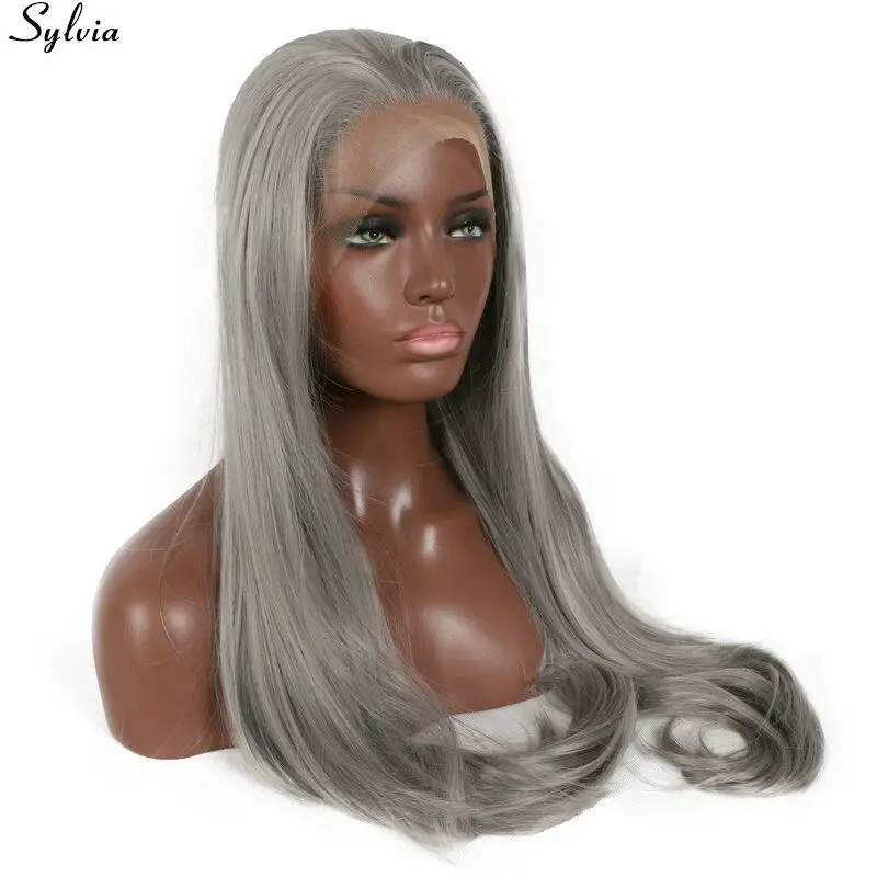 Long Gray Synthetic Lace Front Wig Mxied Grey Soft Natural Hairline 26inch heat resistant Fiber Hair Wigs (3)
