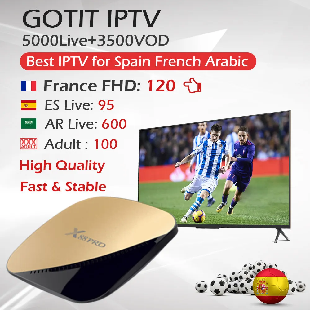 

X88PRO Android 9.0 TV Box 4G/64G Dual Wifi RK3318 Quad-Core Set Top Box+1 Year French Spain IPTV Europe Adult IPTV GOTIT IPTV