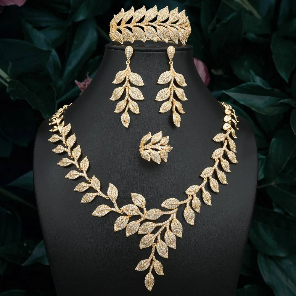 

ModemAngel Exquisite Leaves Cubic Zirconia Stones Gold Color Women Wedding Bridal Necklace Bangle Earring Ring Set