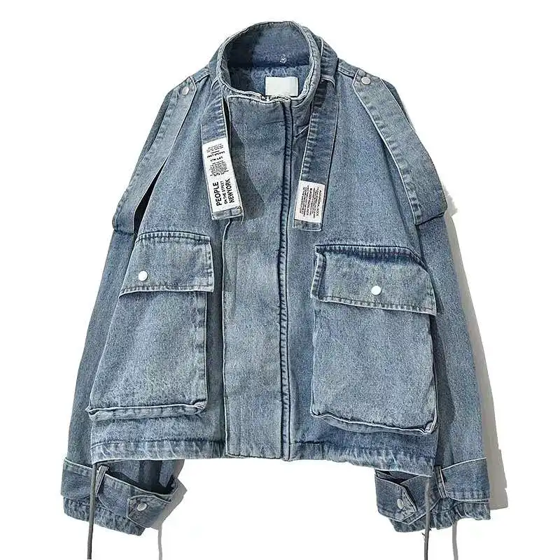 

PERHAPS U Women Short Cropped Blue Jacket Zipper Long Sleeves Denim Jackets Stand Collar C0076