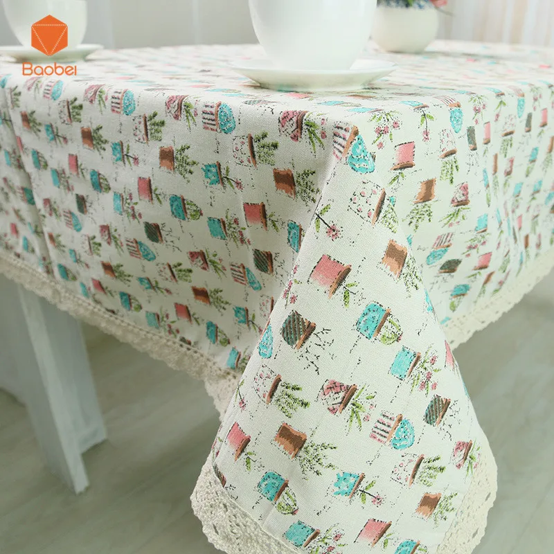 

Plant Cactus Thicking Table cloth With White lace100% Linen Cotton Kitchen Decor Table Covers Non-slip Printed Cover towel YN1