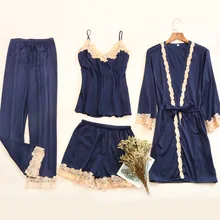 Осенние Синие кружевные топики+ длинные штаны+ шорты+ халат, комплекты из 4 предметов, Женский пижамный комплект, Сексуальная Повседневная Удобная Пижама mujer