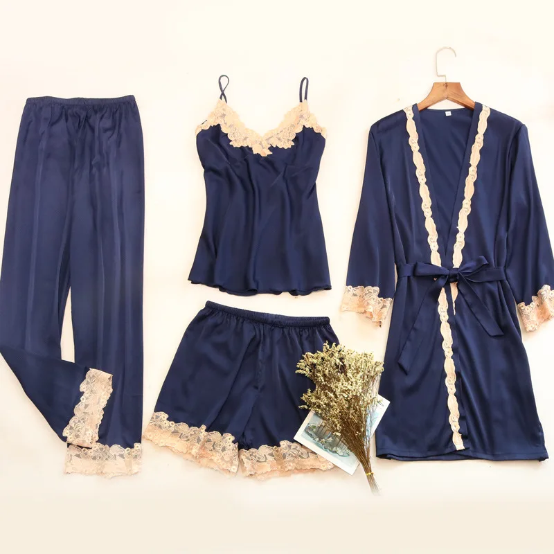 

Autumn Blue Lace Camis + Long Pant + Shorts + Robe 4 Piece Sets Women Pajamas Set pyjama Sexy Casual Comfortable pijama mujer