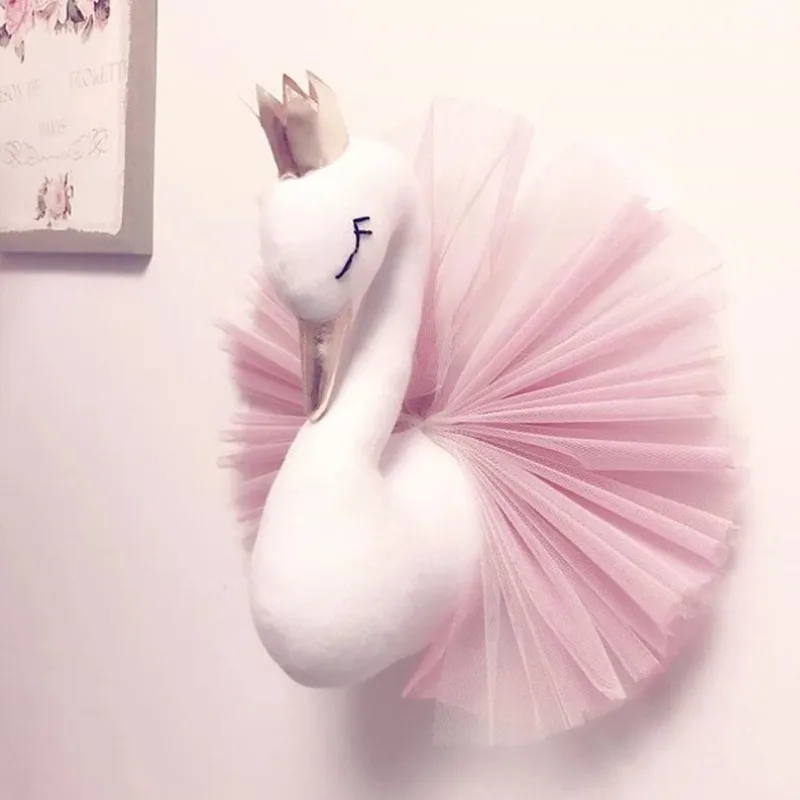 

New Animal Head Swan Flamingo Wall Hanging Mount Stuffed Plush Toy Princess Doll for Girl Baby Kid Gift Nursery Room Wall Decor