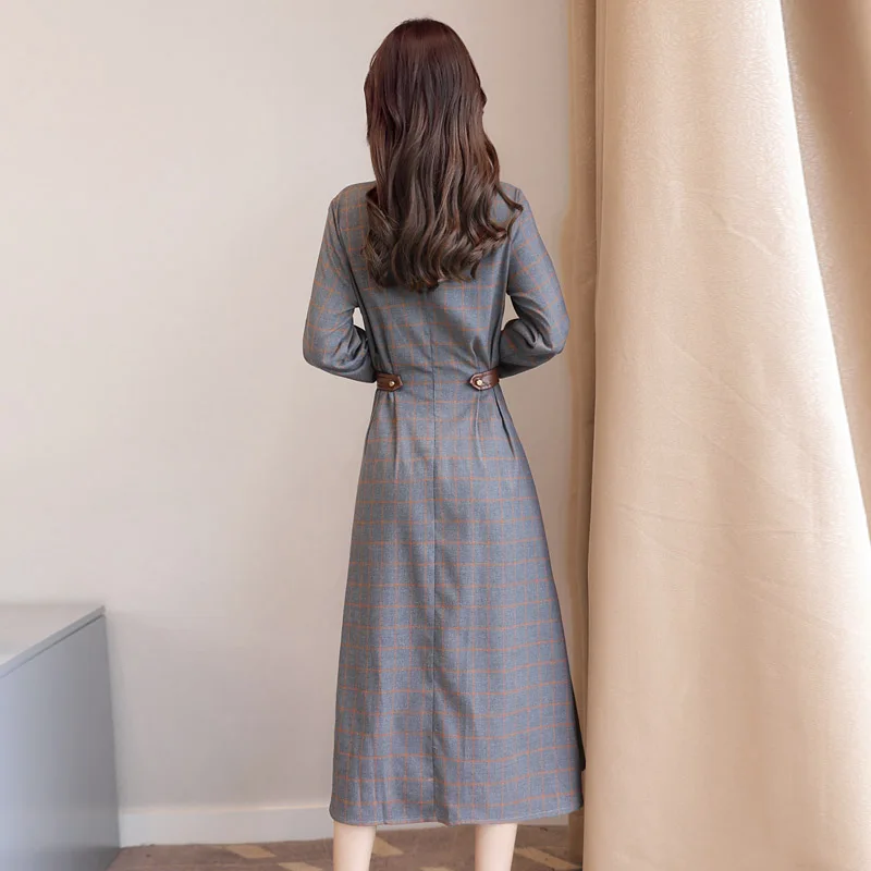 New Brand Spring Autumn Long Sleeve Plaid Dress Women Elegant Empire Pleated Dresses Elegant Office Work Vintage Long Dress