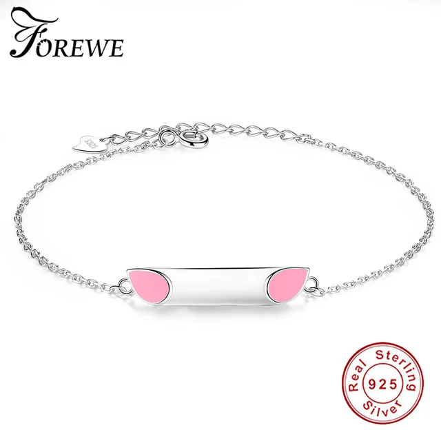 Forewe Lovely Cat Ear Design Free Engrave Name Bracelet Customize Forewe Lovely Cat Ear Design Free Engrave Name Bracelet Customize 925 Sterling Silver Charm Bracelets Jewelry