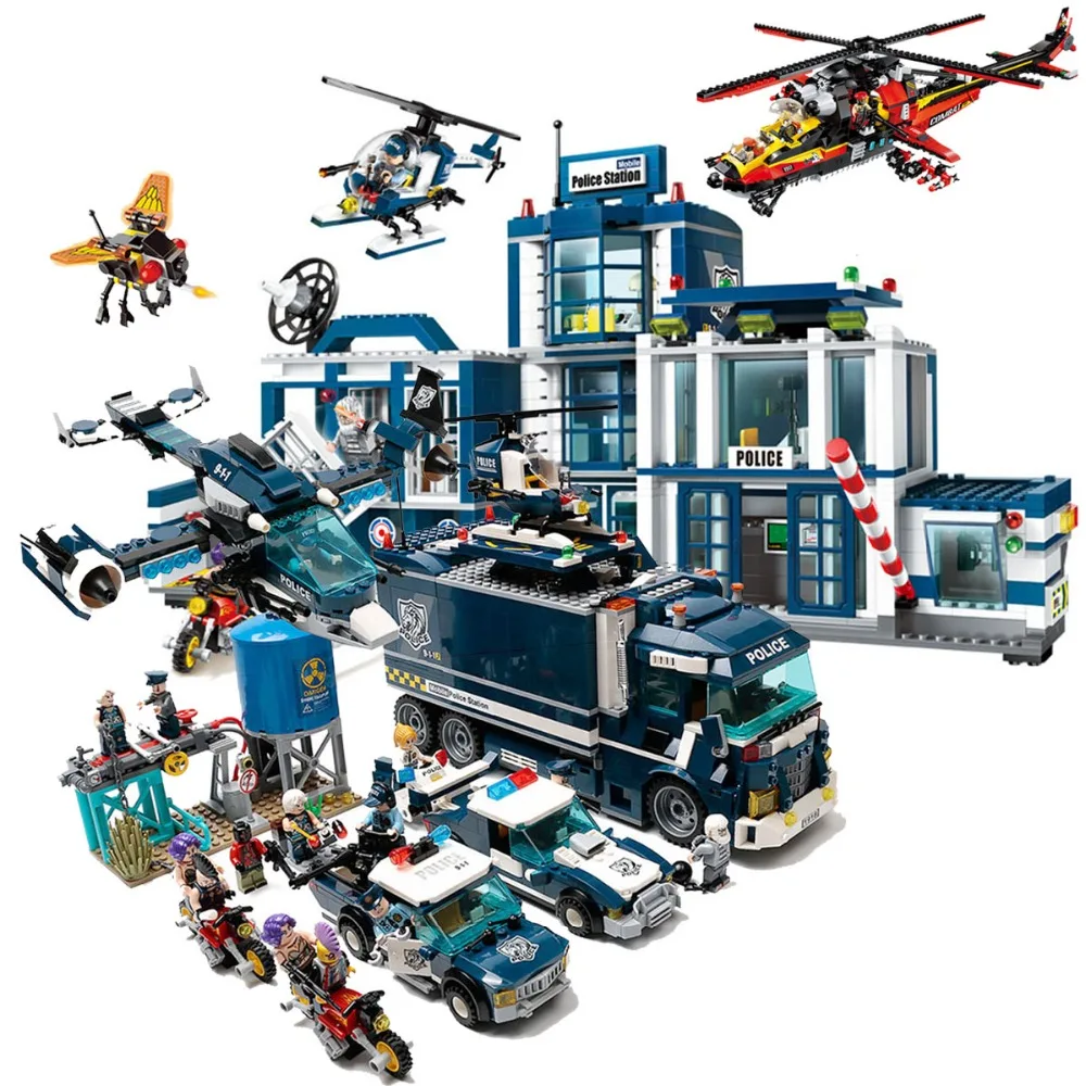 

City Police Station Building Block SWAT Headquarter Helicoper Cruiser Car with Figures Bricks