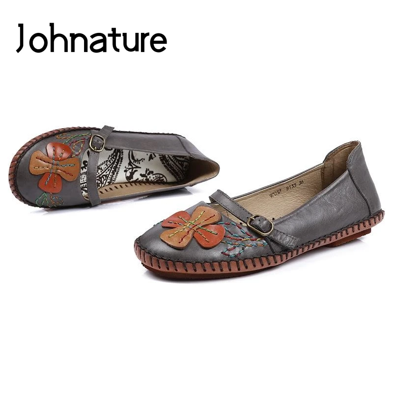 

Johnature 2019 New Spring/Autumn Genuine Leather Casual Round Toe Solid Buckle Strap Flower Shallow Sewing Flat Women Shoes
