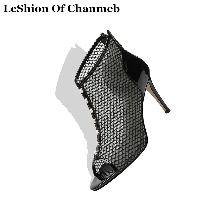 

2019 quality mesh ankle boots women's black white peep toe summer boots ladies summer pearls shoes see through boots botas mujer